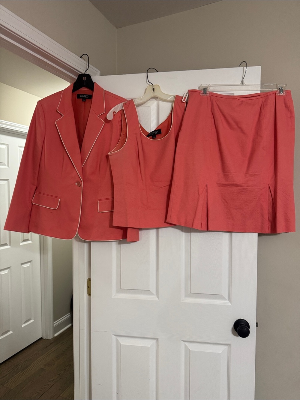 Kasper Coral Pink Three-Piece Skirt Set with Piped Blazer